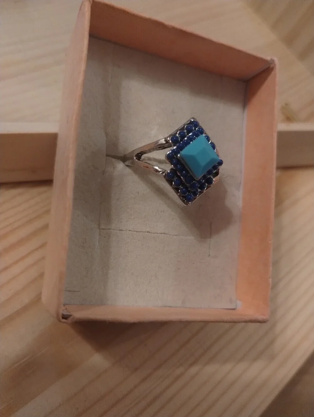 Turquoise Blue Geometric Statement Ring Silver Tone Boho Size 8.5